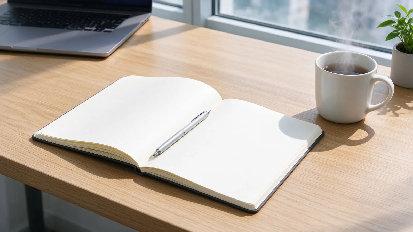 A notebook, pen and mug of hot water on a bright wooden desk