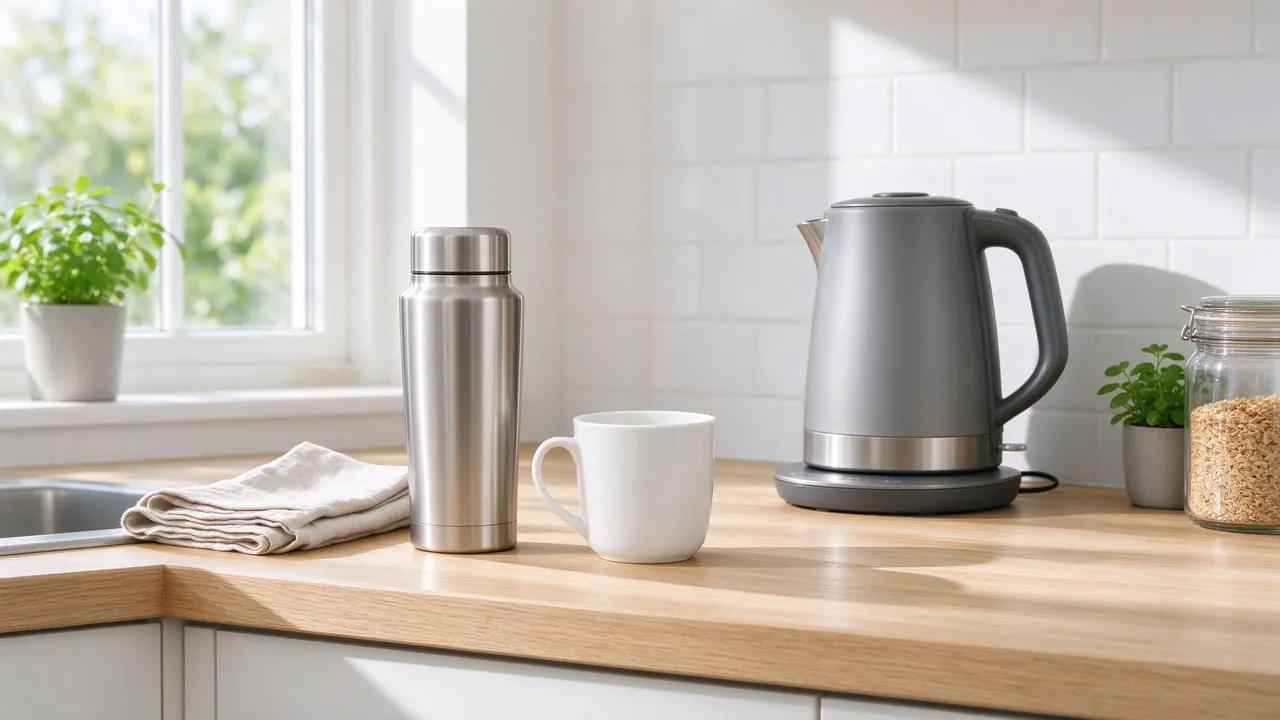 A vacuum flask, a ceramic mug and a kettle on a bright kitchen counter