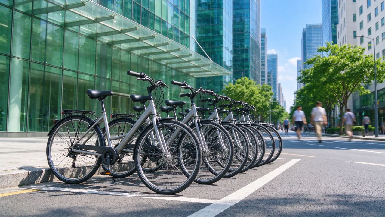 A row of shared bicycles on a sunny city street with modern towers
