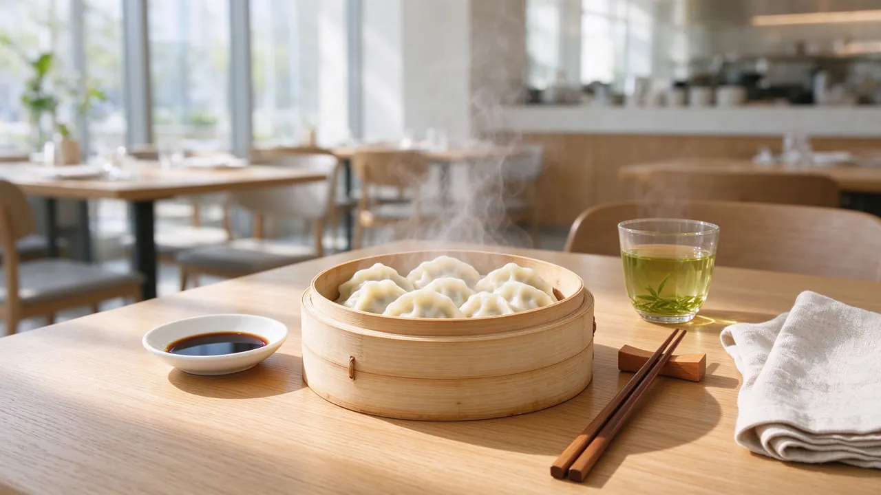 A bamboo steamer of dumplings and a dish of vinegar on a table