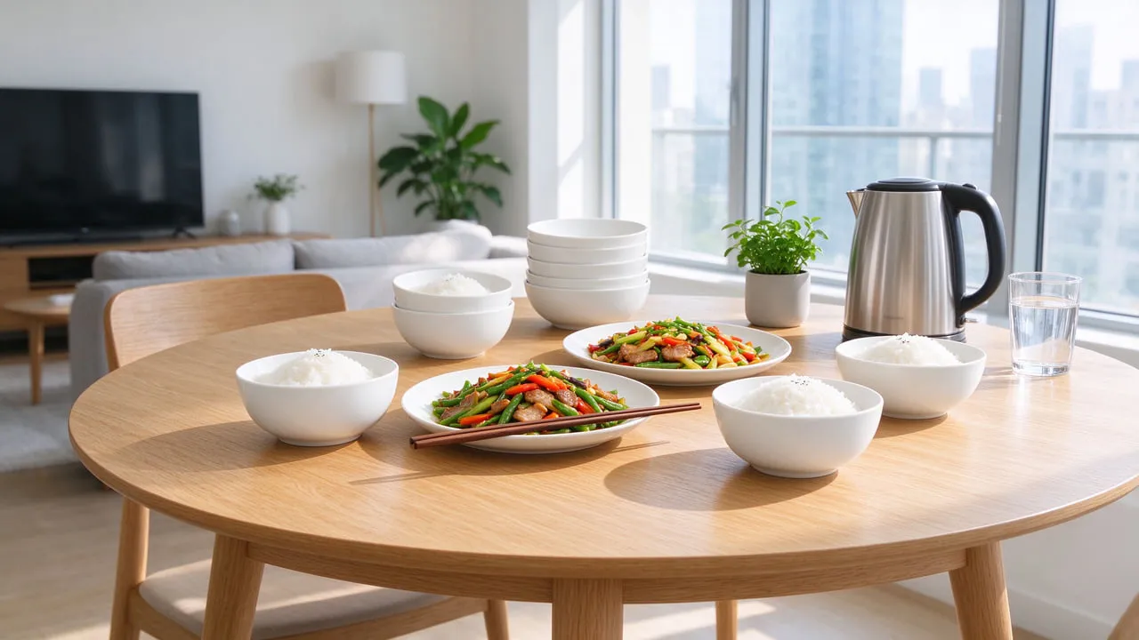 Four bowls of rice and two shared dishes on a light wooden dining table