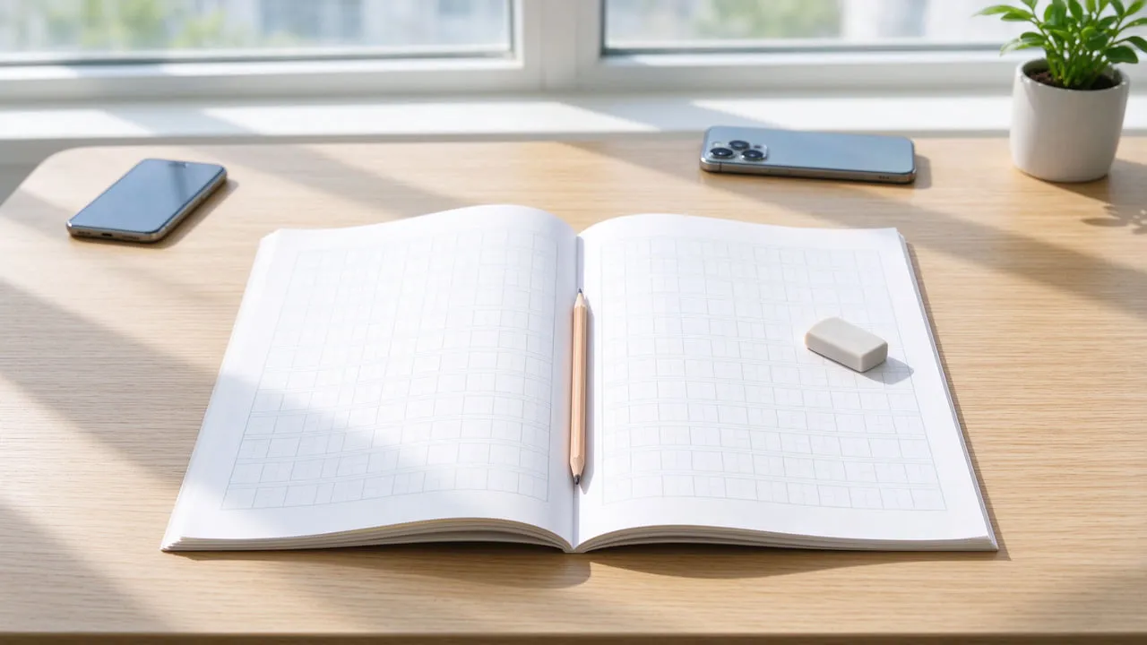 An open exercise book of empty grid squares with a pencil on a desk