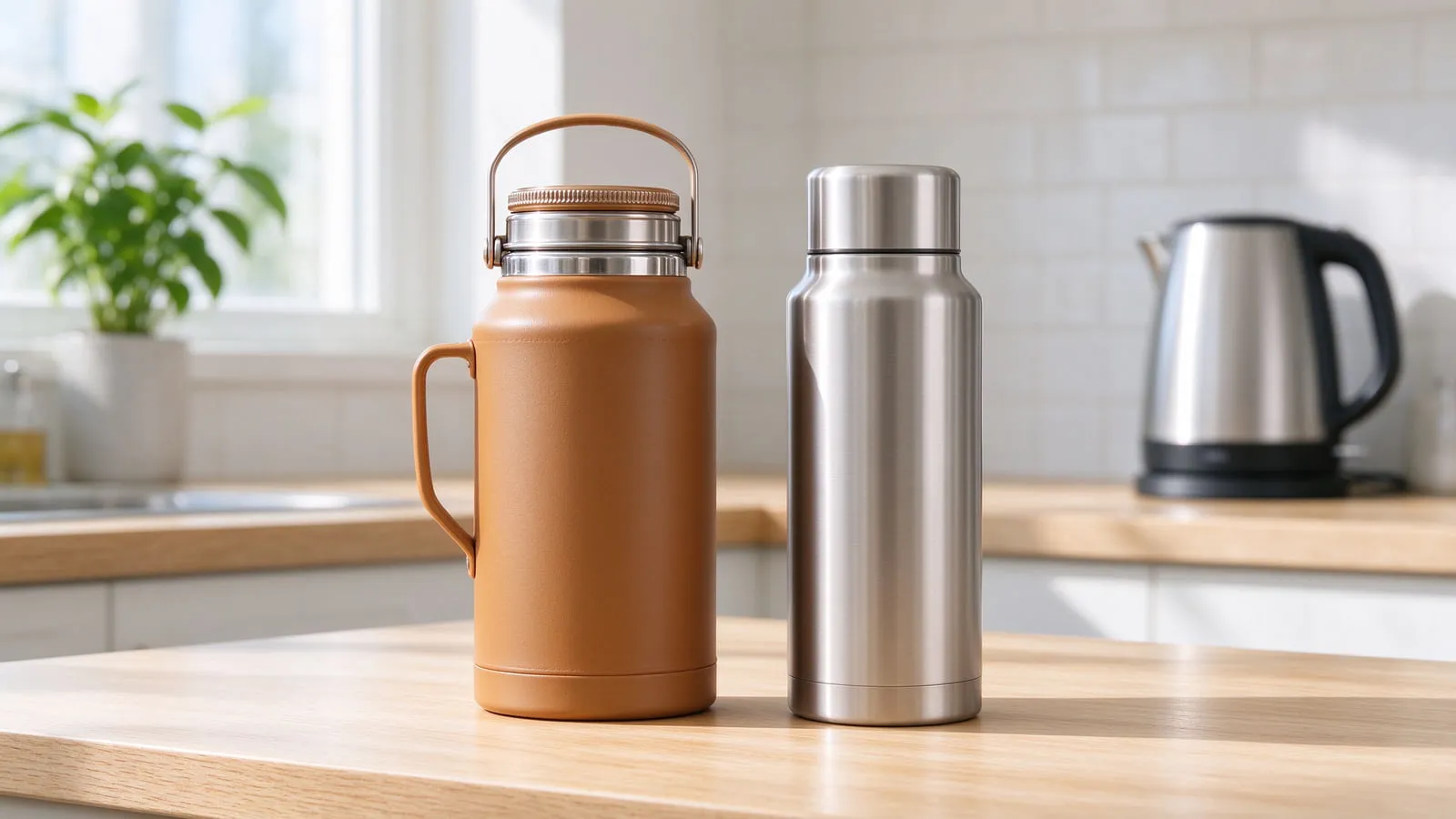 A classic-shell flask beside a sleek stainless-steel flask on a bright counter