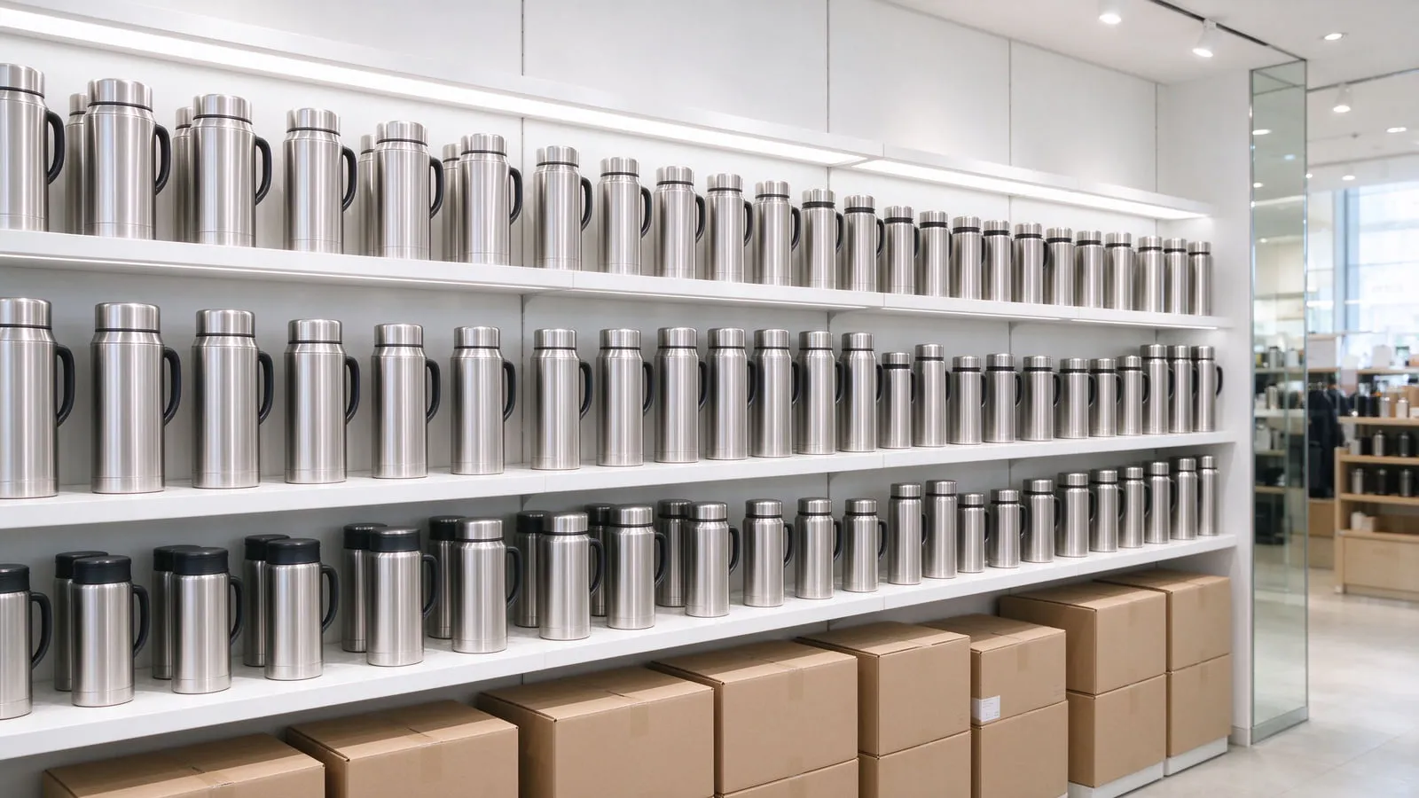 Rows of stainless-steel vacuum flasks on bright white retail shelving