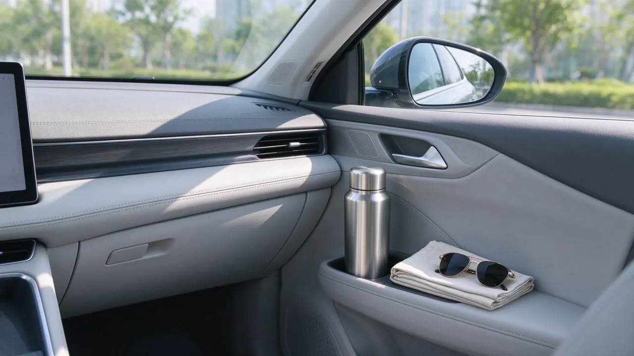 A stainless-steel vacuum flask in the door pocket of a modern car