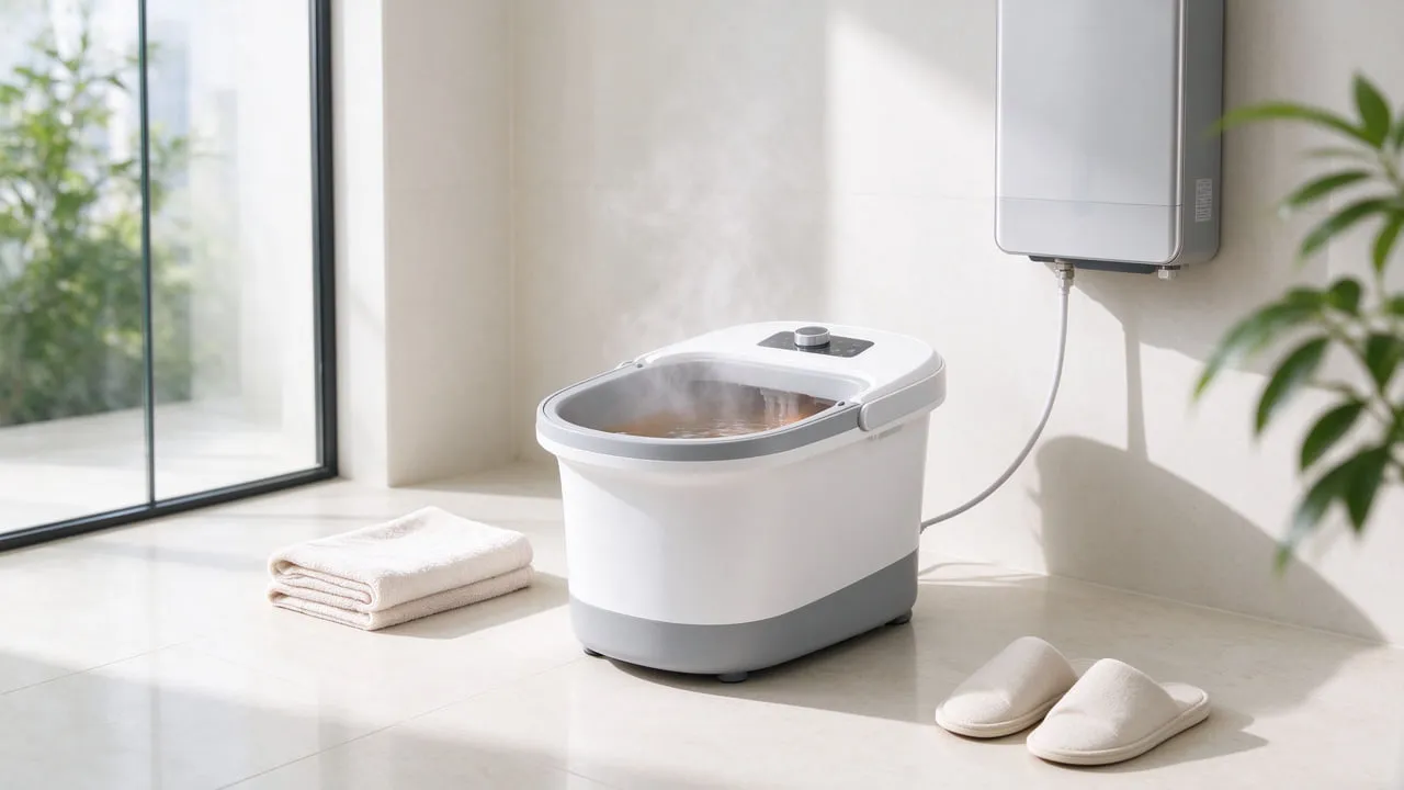 A modern electric foot-soaking basin and a folded towel on a tiled floor