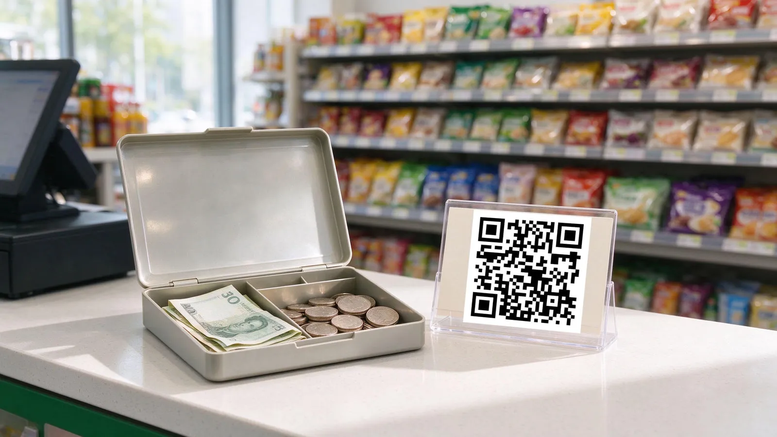 A tidy cash tray and a printed code stand side by side on a bright counter