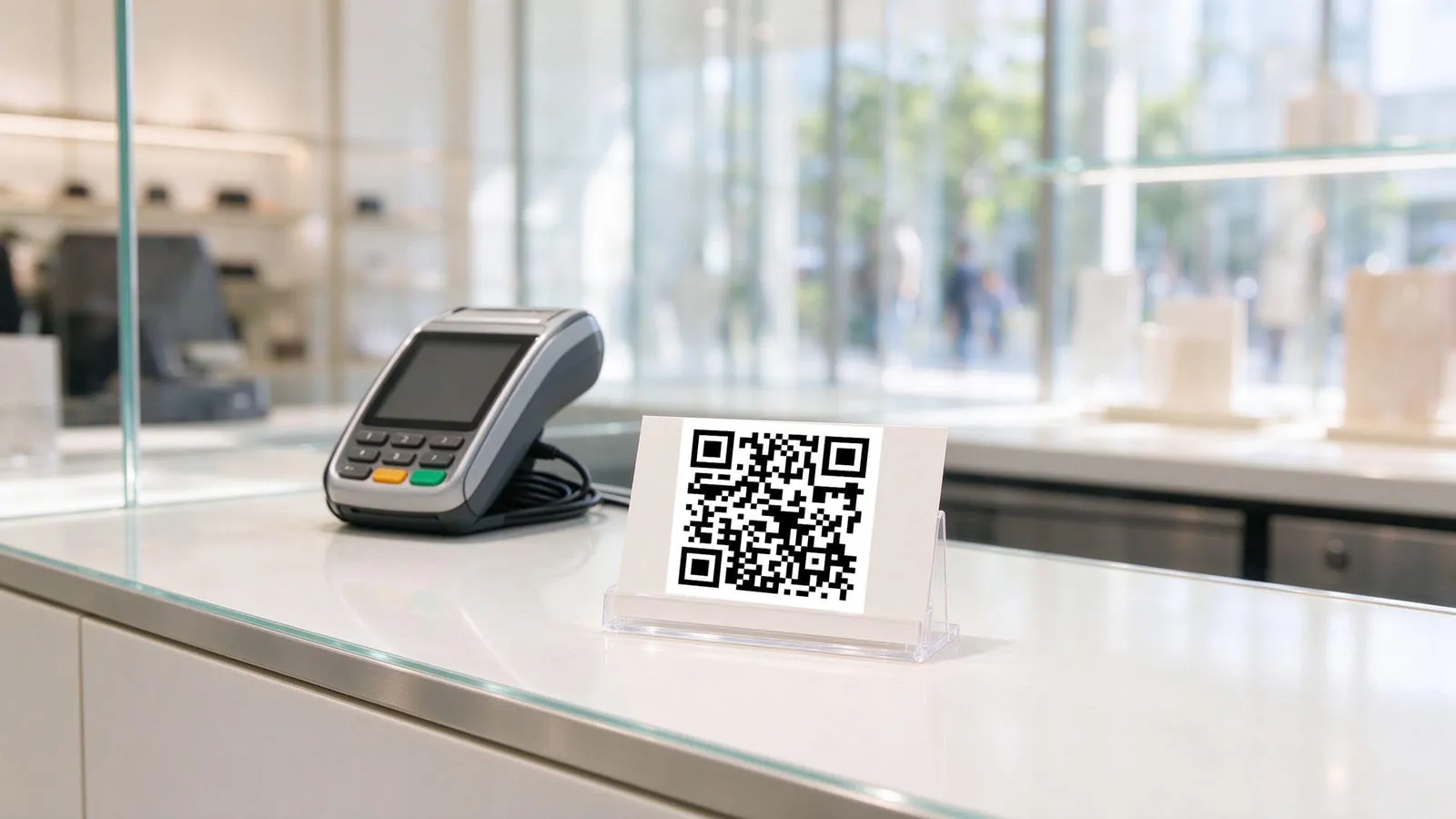 A card terminal behind a code stand on a bright shop counter