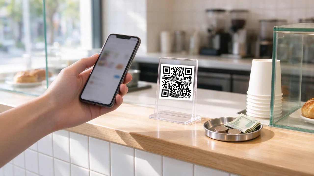 A phone held up to a code stand on a bright modern counter
