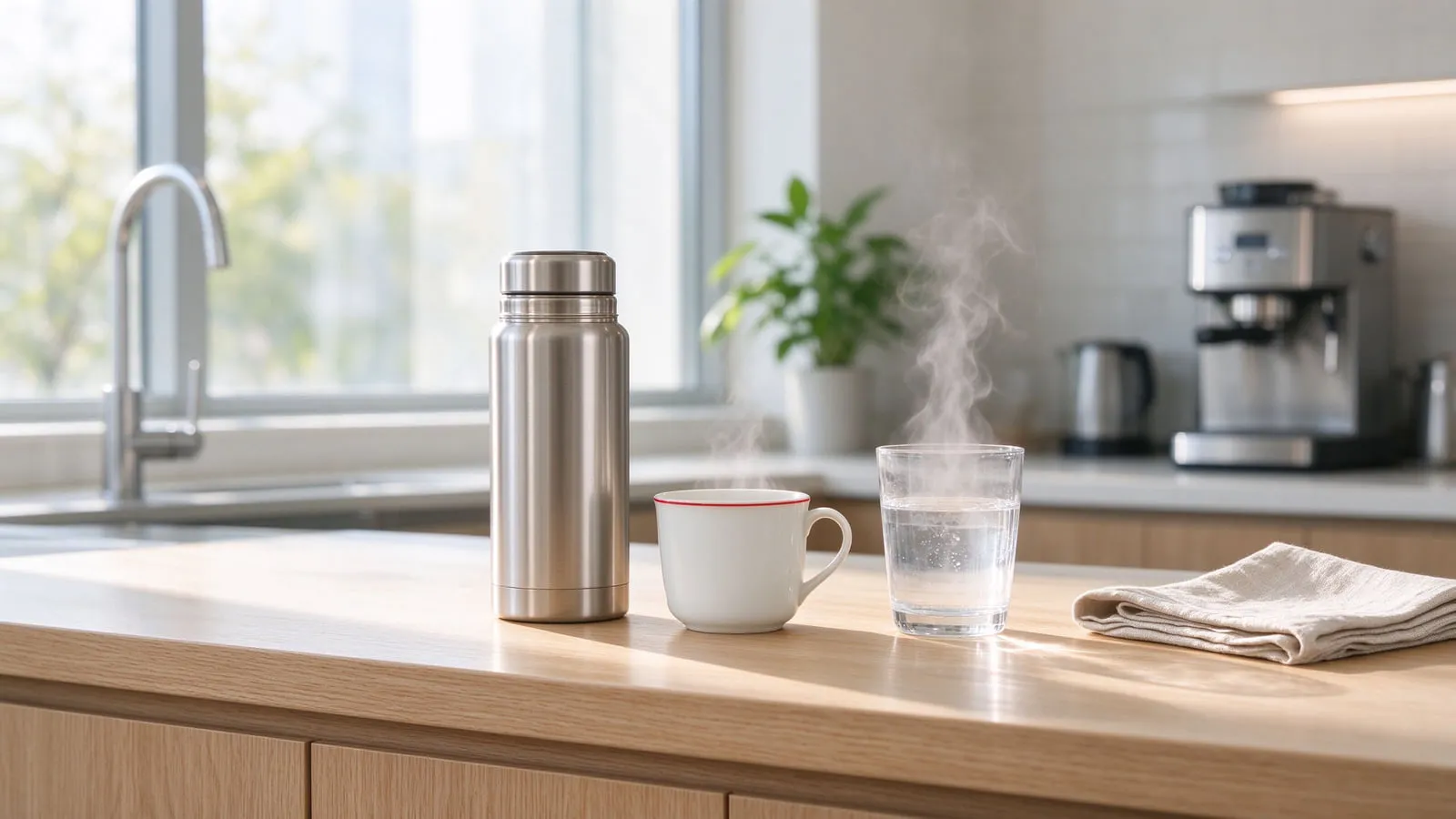 A vacuum flask, a white mug and a glass of hot water on a bright counter