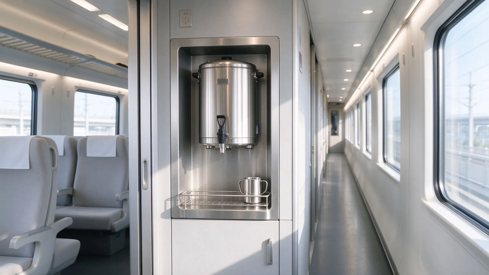 A hot-water boiler recessed into the wall of a bright modern train carriage
