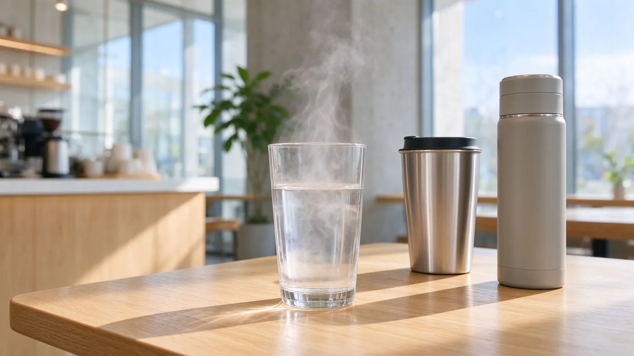 A glass of hot water and a steel tumbler on a light table in a bright café